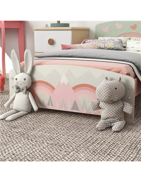 ZONEKIZ Toddler Bed Frame, Kids Dressing Table with Mirror and Stool, Cute Animal Design Kids Bedroom Furniture Set for Ages 3-6