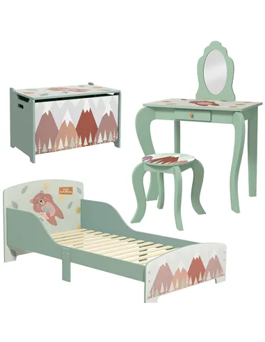 ZONEKIZ Kids Bedroom Furniture Set Includes Bed Frame, Kids Toy Chest, Dressing Table with Mirror and Stoolfor Ages 3-6 Years, G