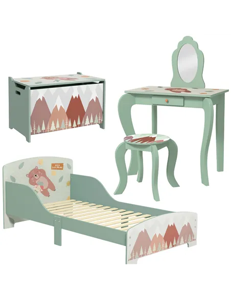 ZONEKIZ Kids Bedroom Furniture Set Includes Bed Frame, Kids Toy Chest, Dressing Table with Mirror and Stoolfor Ages 3-6 Years, G