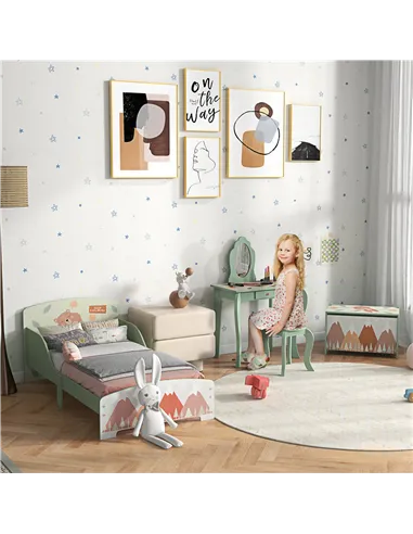 ZONEKIZ Kids Bedroom Furniture Set Includes Bed Frame, Kids Toy Chest, Dressing Table with Mirror and Stoolfor Ages 3-6 Years, G