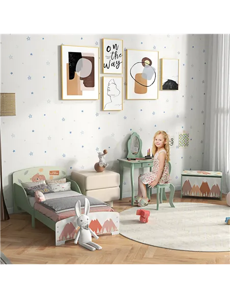 ZONEKIZ Kids Bedroom Furniture Set Includes Bed Frame, Kids Toy Chest, Dressing Table with Mirror and Stoolfor Ages 3-6 Years, G