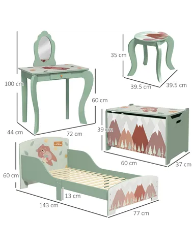 ZONEKIZ Kids Bedroom Furniture Set Includes Bed Frame, Kids Toy Chest, Dressing Table with Mirror and Stoolfor Ages 3-6 Years, G