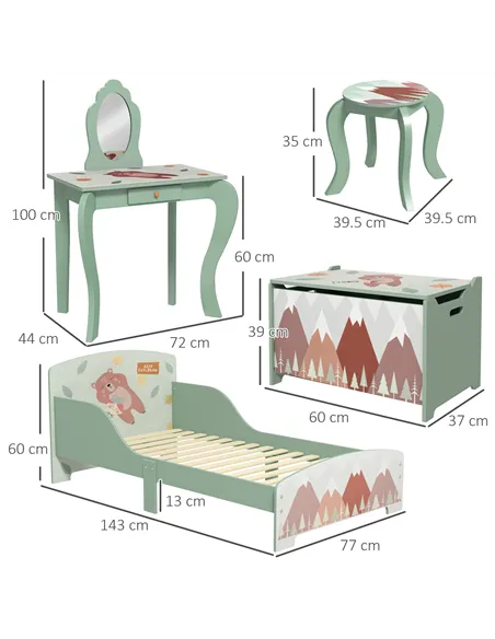 ZONEKIZ Kids Bedroom Furniture Set Includes Bed Frame, Kids Toy Chest, Dressing Table with Mirror and Stoolfor Ages 3-6 Years, G
