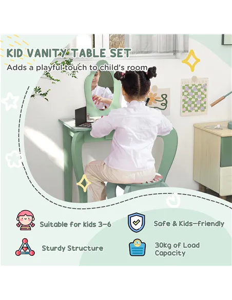 ZONEKIZ Kids Bedroom Furniture Set Includes Bed Frame, Kids Toy Chest, Dressing Table with Mirror and Stoolfor Ages 3-6 Years, G