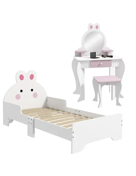 ZONEKIZ Wooden Kids Bedroom Furniture Set with Kids Dressing Table, Stool, Bed, for 3-6 Years, Bunny-Design