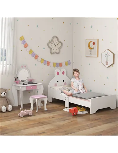 ZONEKIZ Wooden Kids Bedroom Furniture Set with Kids Dressing Table, Stool, Bed, for 3-6 Years, Bunny-Design