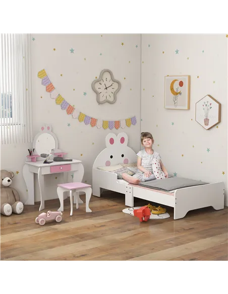 ZONEKIZ Wooden Kids Bedroom Furniture Set with Kids Dressing Table, Stool, Bed, for 3-6 Years, Bunny-Design