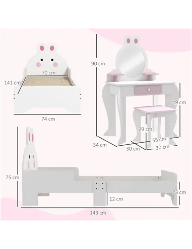 ZONEKIZ Wooden Kids Bedroom Furniture Set with Kids Dressing Table, Stool, Bed, for 3-6 Years, Bunny-Design