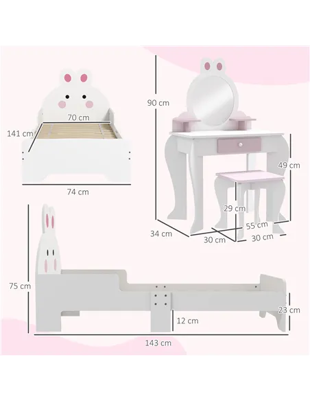 ZONEKIZ Wooden Kids Bedroom Furniture Set with Kids Dressing Table, Stool, Bed, for 3-6 Years, Bunny-Design
