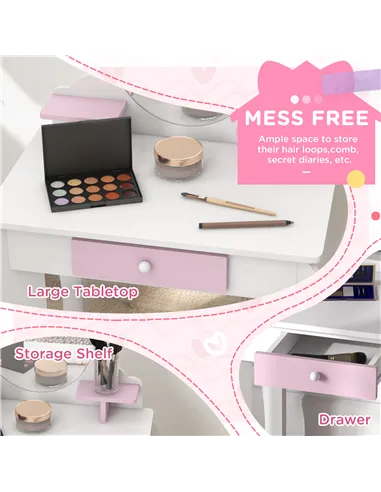 ZONEKIZ Wooden Kids Bedroom Furniture Set with Kids Dressing Table, Stool, Bed, for 3-6 Years, Bunny-Design