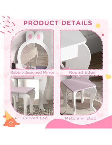 ZONEKIZ Wooden Kids Bedroom Furniture Set with Kids Dressing Table, Stool, Bed, for 3-6 Years, Bunny-Design