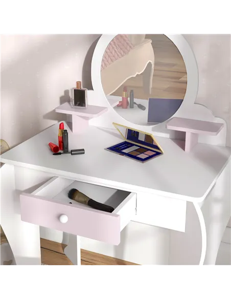 ZONEKIZ Wooden Kids Bedroom Furniture Set with Kids Dressing Table, Stool, Bed, for 3-6 Years, Bunny-Design