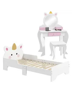 ZONEKIZ Kids Bedroom Furniture Set with Kids Dressing Table with Mirror and Stool, Toddler Bed Frame for 3-6 Years, Unicorn Desi
