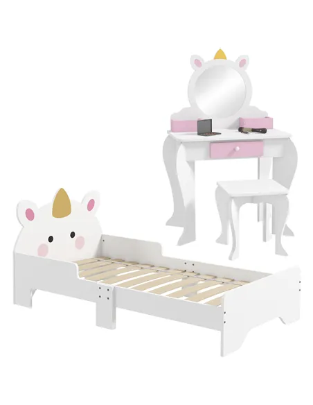 ZONEKIZ Kids Bedroom Furniture Set with Kids Dressing Table with Mirror and Stool, Toddler Bed Frame for 3-6 Years, Unicorn Desi