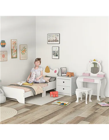 ZONEKIZ Kids Bedroom Furniture Set with Kids Dressing Table with Mirror and Stool, Toddler Bed Frame for 3-6 Years, Unicorn Desi