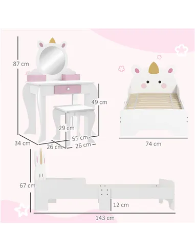 ZONEKIZ Kids Bedroom Furniture Set with Kids Dressing Table with Mirror and Stool, Toddler Bed Frame for 3-6 Years, Unicorn Desi