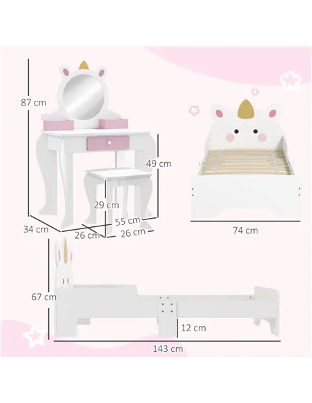 ZONEKIZ Kids Bedroom Furniture Set with Kids Dressing Table with Mirror and Stool, Toddler Bed Frame for 3-6 Years, Unicorn Desi