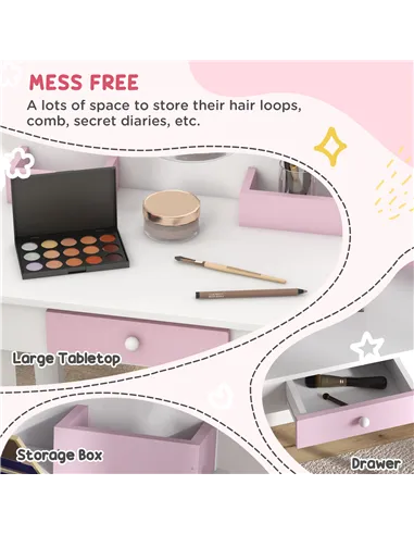 ZONEKIZ Kids Bedroom Furniture Set with Kids Dressing Table with Mirror and Stool, Toddler Bed Frame for 3-6 Years, Unicorn Desi