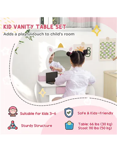 ZONEKIZ Kids Bedroom Furniture Set with Kids Dressing Table with Mirror and Stool, Toddler Bed Frame for 3-6 Years, Unicorn Desi