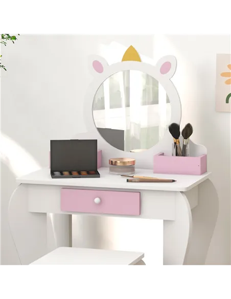 ZONEKIZ Kids Bedroom Furniture Set with Kids Dressing Table with Mirror and Stool, Toddler Bed Frame for 3-6 Years, Unicorn Desi