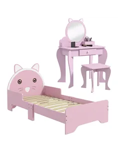 ZONEKIZ Wooden Kids Bedroom Furniture Set with Kids Dressing Table, Stool, Bed, for 3-6 Years, Cat-Design