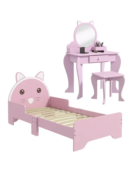 ZONEKIZ Wooden Kids Bedroom Furniture Set with Kids Dressing Table, Stool, Bed, for 3-6 Years, Cat-Design