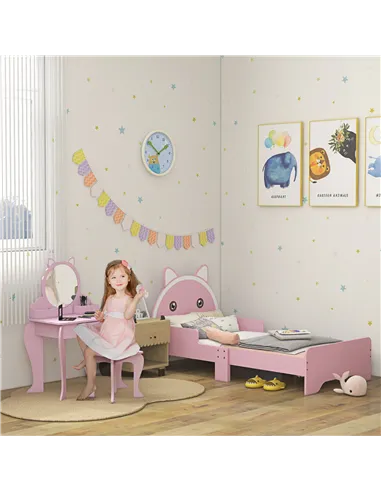 ZONEKIZ Wooden Kids Bedroom Furniture Set with Kids Dressing Table, Stool, Bed, for 3-6 Years, Cat-Design