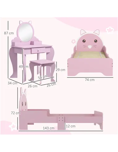 ZONEKIZ Wooden Kids Bedroom Furniture Set with Kids Dressing Table, Stool, Bed, for 3-6 Years, Cat-Design