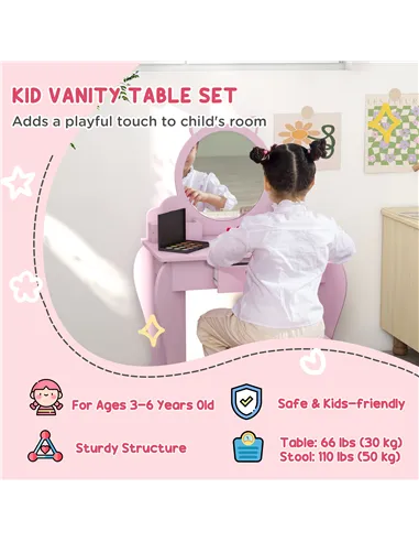 ZONEKIZ Wooden Kids Bedroom Furniture Set with Kids Dressing Table, Stool, Bed, for 3-6 Years, Cat-Design