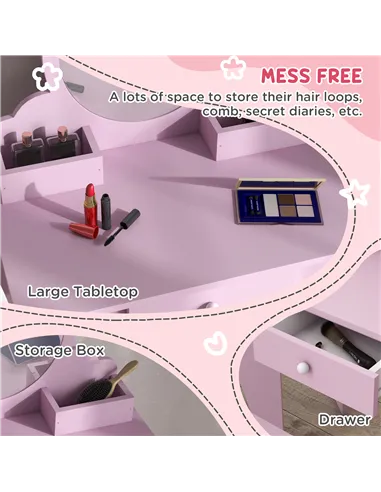 ZONEKIZ Wooden Kids Bedroom Furniture Set with Kids Dressing Table, Stool, Bed, for 3-6 Years, Cat-Design