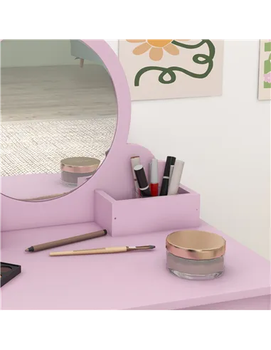 ZONEKIZ Wooden Kids Bedroom Furniture Set with Kids Dressing Table, Stool, Bed, for 3-6 Years, Cat-Design