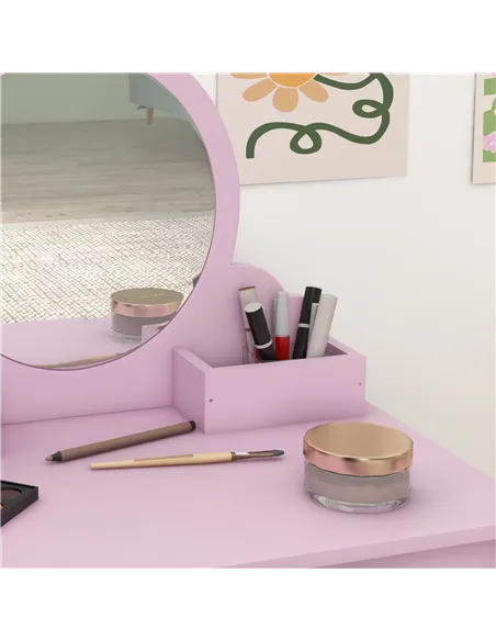 ZONEKIZ Wooden Kids Bedroom Furniture Set with Kids Dressing Table, Stool, Bed, for 3-6 Years, Cat-Design