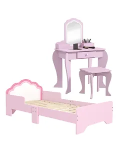 ZONEKIZ Wooden Kids Bedroom Furniture Set with Kids Dressing Table, Stool, Bed, for 3-6 Years, Cloud-Design