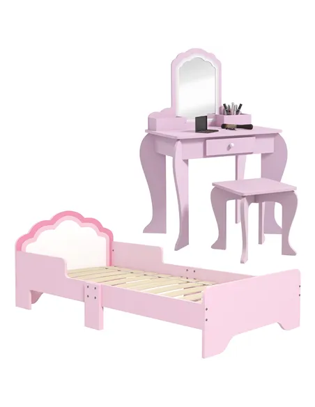 ZONEKIZ Wooden Kids Bedroom Furniture Set with Kids Dressing Table, Stool, Bed, for 3-6 Years, Cloud-Design