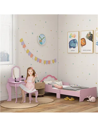 ZONEKIZ Wooden Kids Bedroom Furniture Set with Kids Dressing Table, Stool, Bed, for 3-6 Years, Cloud-Design