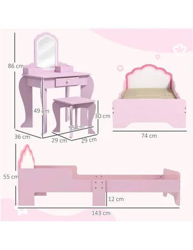 ZONEKIZ Wooden Kids Bedroom Furniture Set with Kids Dressing Table, Stool, Bed, for 3-6 Years, Cloud-Design