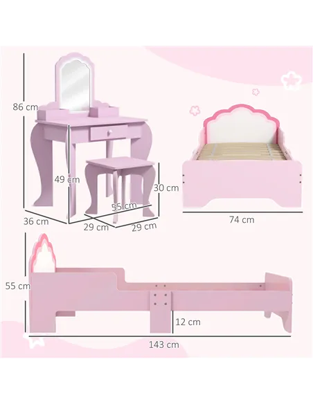 ZONEKIZ Wooden Kids Bedroom Furniture Set with Kids Dressing Table, Stool, Bed, for 3-6 Years, Cloud-Design