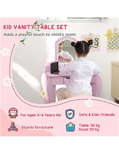 ZONEKIZ Wooden Kids Bedroom Furniture Set with Kids Dressing Table, Stool, Bed, for 3-6 Years, Cloud-Design