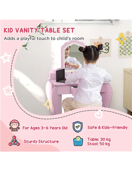 ZONEKIZ Wooden Kids Bedroom Furniture Set with Kids Dressing Table, Stool, Bed, for 3-6 Years, Cloud-Design