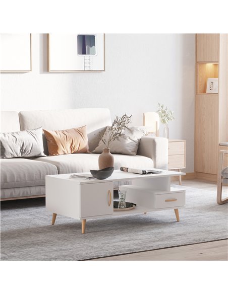 HOMCOM Modern Minimalism Coffee Table with Storage, Sofa Side Table with Shelf & Drawer for Living Room Reception Room, White