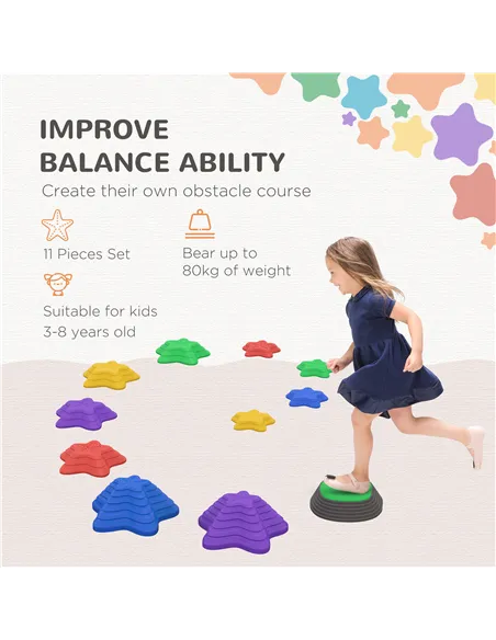 ZONEKIZ Kids Stepping Stones, 11 Pieces Balance River Stones for Obstacle Course, Stackable Non-Slip Starfish Shape, Sensory Pla