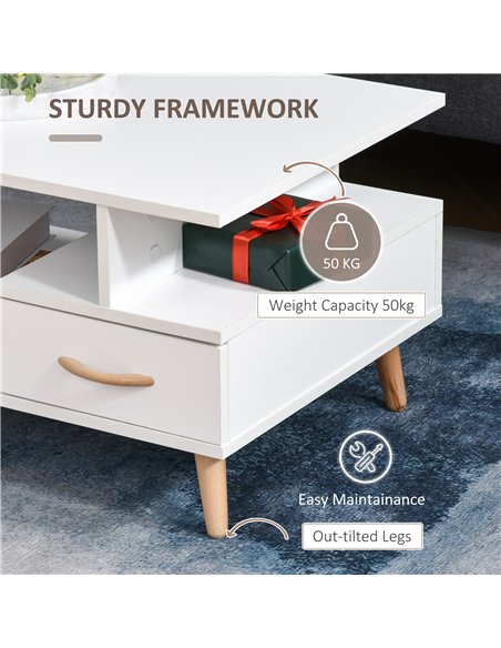 HOMCOM Modern Minimalism Coffee Table with Storage, Sofa Side Table with Shelf & Drawer for Living Room Reception Room, White