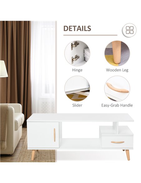 HOMCOM Modern Minimalism Coffee Table with Storage, Sofa Side Table with Shelf & Drawer for Living Room Reception Room, White