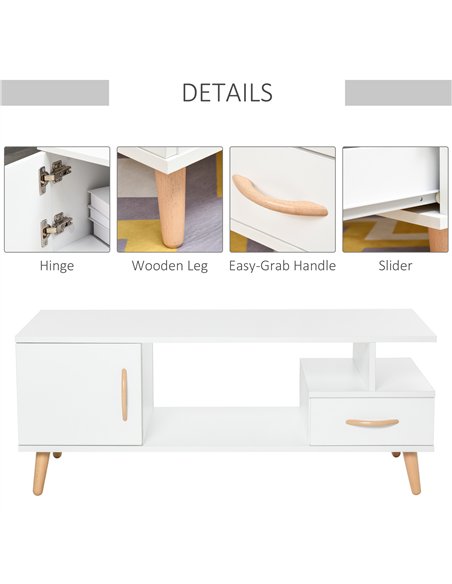 HOMCOM Modern Minimalism Coffee Table with Storage, Sofa Side Table with Shelf & Drawer for Living Room Reception Room, White