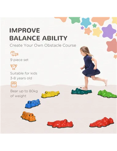 ZONEKIZ 9PCs Kids Stepping Stones, Crocodile-Designed Sensory Toys, with Anti-Slip Edge Balance River Stones