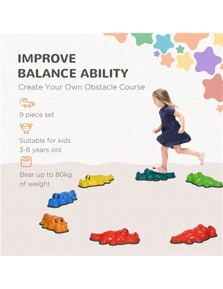 ZONEKIZ 9PCs Kids Stepping Stones, Crocodile-Designed Sensory Toys, with Anti-Slip Edge Balance River Stones