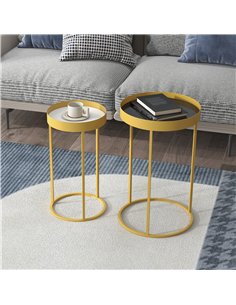 HOMCOM Nest of Tables, Round Coffee Table Set of 2, Nesting Tables with Embedded Tabletop and Metal Frame, Gold Side Table for L 2