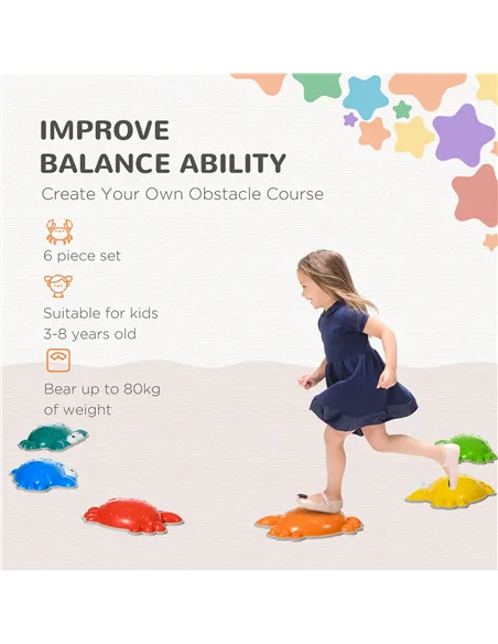 ZONEKIZ 6PCs Kids Stepping Stones w/ TPE Anti-Slip Edge, Crab-Designed Balance River Stones, Obstacle Courses, Stackable