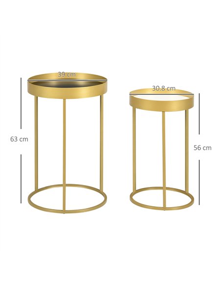 HOMCOM Nest of Tables, Round Coffee Table Set of 2, Nesting Tables with Embedded Tabletop and Metal Frame, Gold Side Table for L