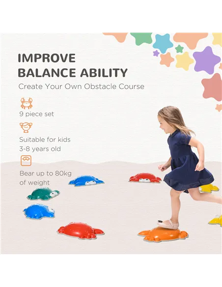 ZONEKIZ 9PCs Kids Stepping Stones with TPE Anti-Slip Edge, Crab-Designed Balance River Stones, Obstacle Courses, Stackable